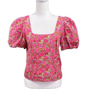 NWT J. Crew Vibrant Pink Floral Puff Sleeve Square Neck Blouse 8 Ruched Back Zip